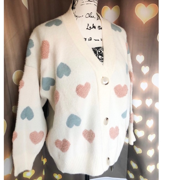 Sweater cardigan heart sweater cute button down fuzzy v-neck chunky - Picture 12 of 13
